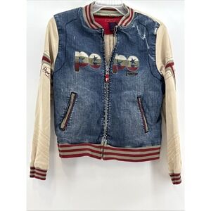 PePe Jeans‎ London Bomber Varsity Denim Jersey Jacket, Embroidered Teens Large